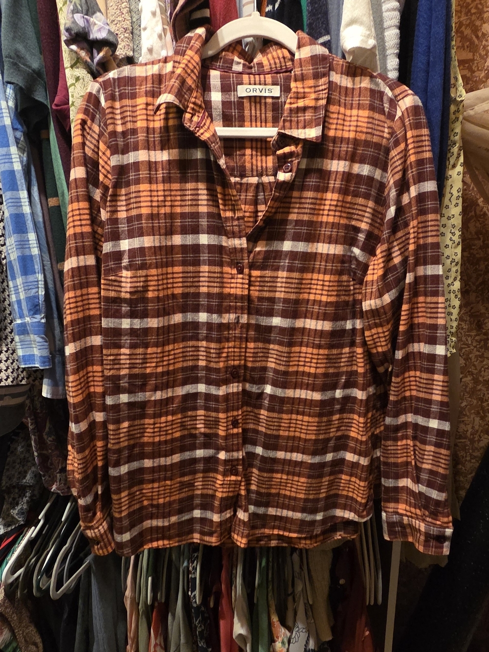 Orvis Womens Orange Plaid Button-Up Flannel Shirt